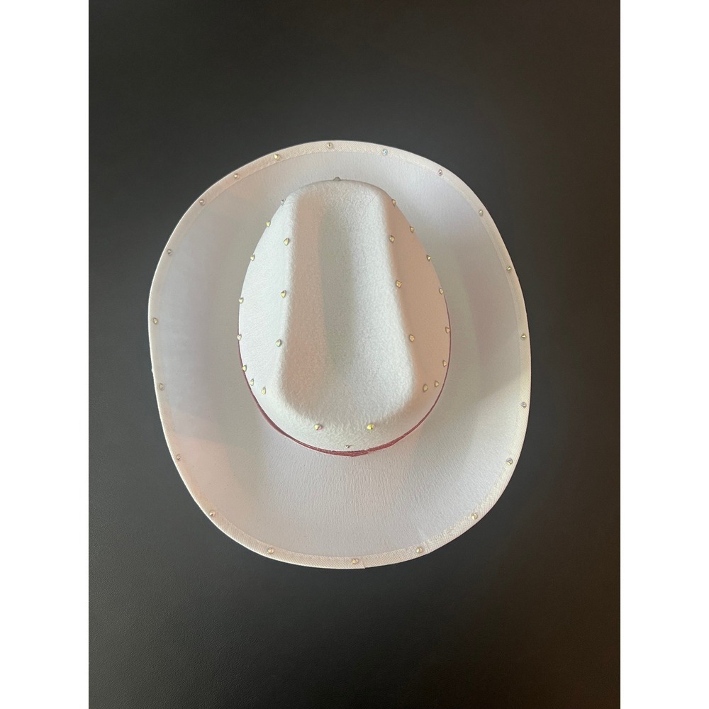 White Felt Cowboy Hat Pink Glitter Band Iridescent Rhinestone Studs Western - Picture 4 of 8